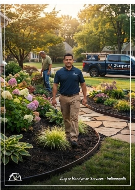 JLopez landscaping crew working in an Indianapolis-area garden bed